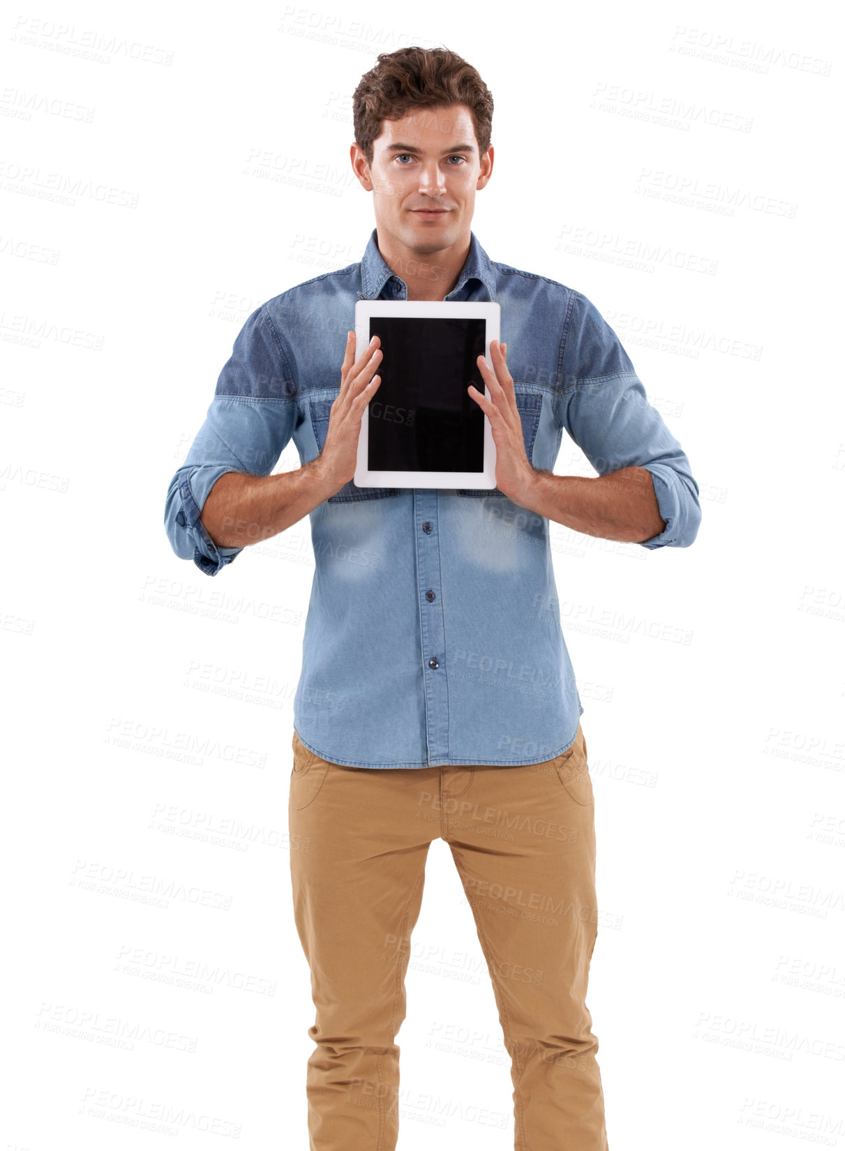 Buy stock photo Portrait, tablet screen and man in studio with mockup for social media, space or promo on white background. Digital, presentation or face of model show platform, service or sign up announcement offer
