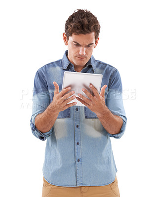 Buy stock photo Tablet, glitch and confused man in studio with hacker notification, scam or cyber security fail on white background. Digital, problem and male model frustrated by 404, mistake or email spam crisis