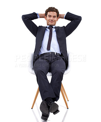 Buy stock photo Businessman, relax and portrait of manager in a chair with white background or mock up space in studio. Happy, entrepreneur and stretching on seat with professional style, fashion and confidence