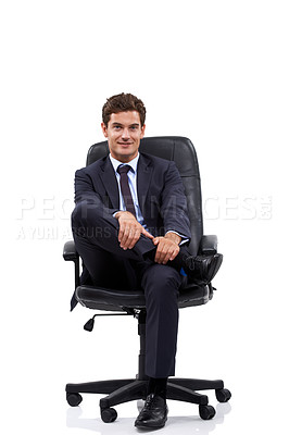 Buy stock photo Happy, businessman and portrait of manager in a chair with white background or mock up space in studio. Confident, entrepreneur and relax on seat with professional style, fashion or suit for work