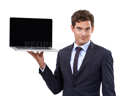 Buy stock photo Business man, laptop screen and portrait in studio for presentation, career software and trading information. Professional worker with computer mockup for stock market website on a white background