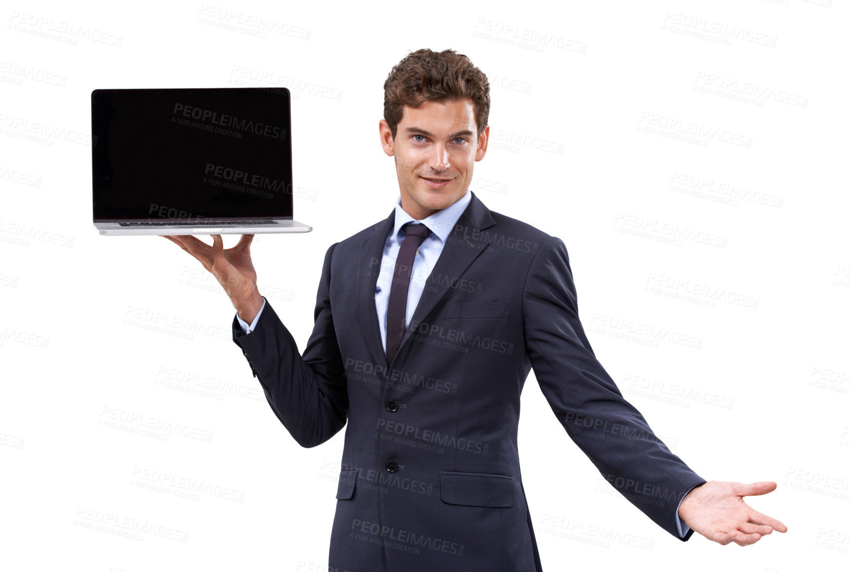 Buy stock photo Business man, laptop screen and portrait in studio for presentation, career software and website information. Professional worker with computer mockup for online registration on a white background