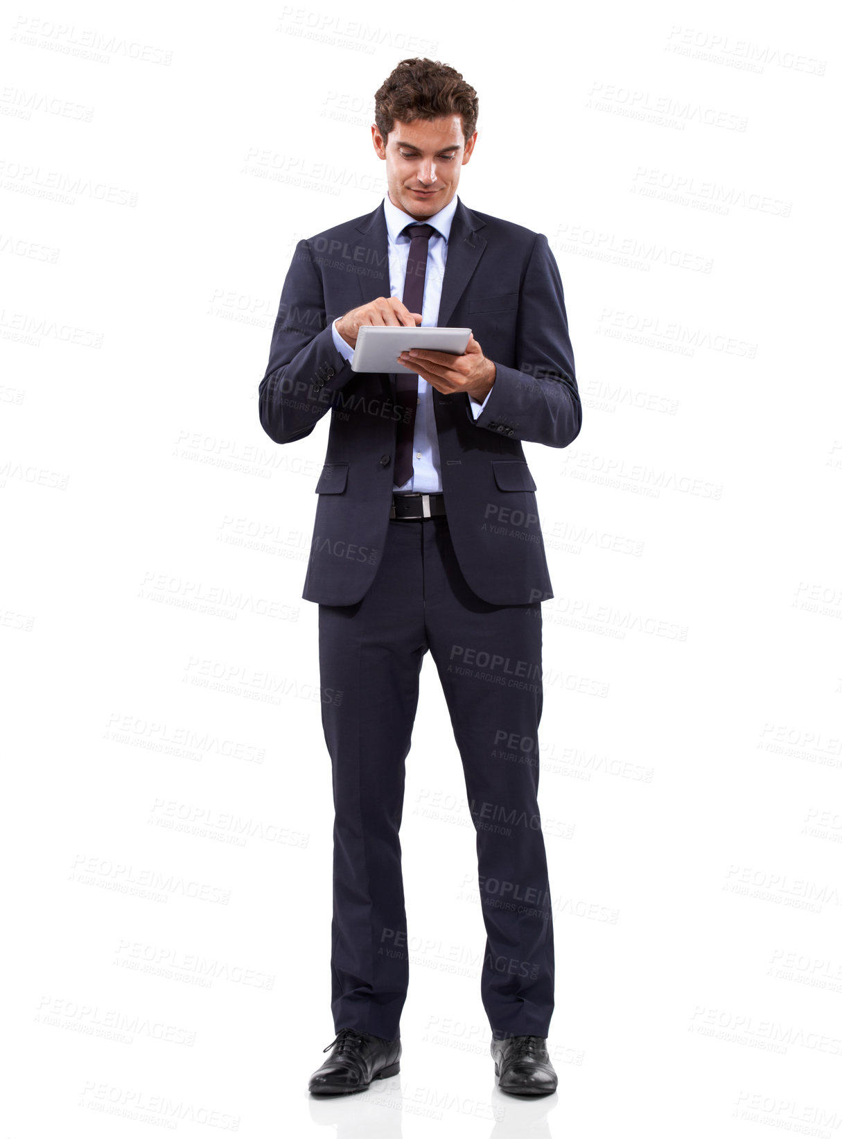 Buy stock photo Business man, studio and typing on tablet in online research, stock market investment or trading software. Professional trader or  corporate analyst scroll on digital technology on a white background