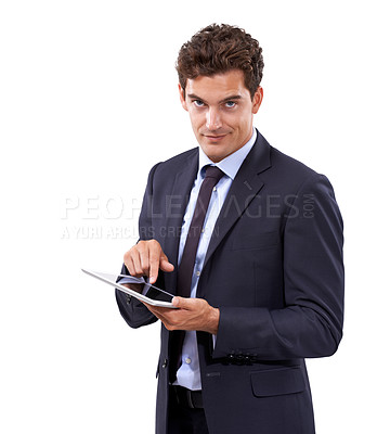 Buy stock photo Business man, studio portrait and tablet for online registration, stock market investment and trading offer. Professional or corporate trader pointing to digital technology on a white background