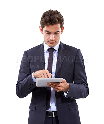 Buy stock photo Business man, studio and scroll on tablet in online research, stock market investment or trading software. Professional trader or  corporate analyst typing on digital technology on a white background