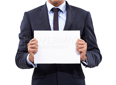 Buy stock photo Business hands, poster space and presentation for advertising opportunity, news or information in studio. Professional or corporate person with career board, paper or job mockup on a white background