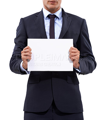 Buy stock photo Business hands, poster mockup and presentation for advertising opportunity, news or information in studio. Professional or corporate person with career board, paper or job space on a white background