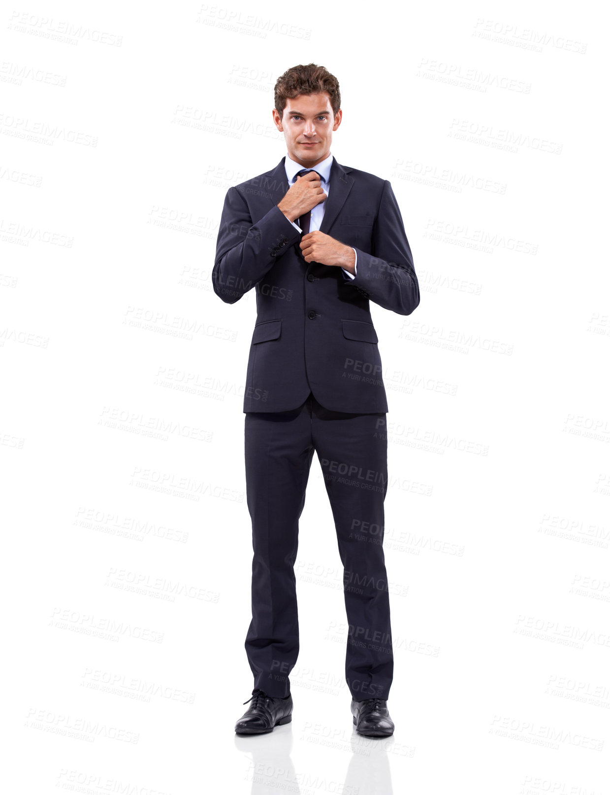 Buy stock photo Manager, businessman and portrait for fixing tie and corporate professional for career pride in studio mockup. Person, face and confident ceo in suit and attorney as consultant by white background