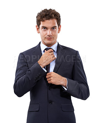 Buy stock photo Confident, businessman and portrait for fixing tie and corporate professional for career pride in studio mockup. Person, face and management in formal suit and attorney with power by white background