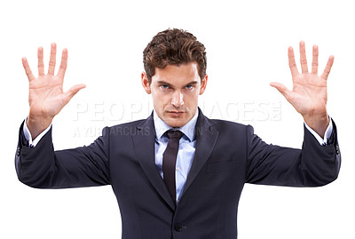 Buy stock photo Stop, hands and portrait of business man in studio with limit, warning or threat on white background. Palm, protest and face of male entrepreneur with security emoji for order, control or not allowed