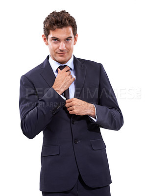 Buy stock photo Pride, businessman and portrait for fixing tie and corporate professional for happy career in studio mockup. Person, face and manager in style suit and attorney with confidence by white background