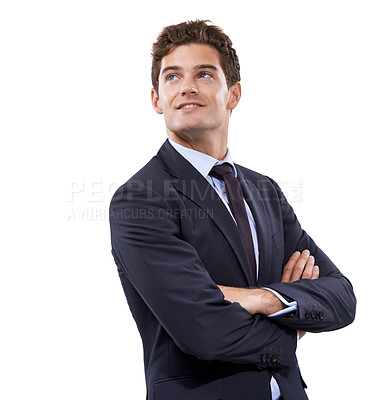Buy stock photo Arms crossed, thinking and business with man, ideas and employee isolated on a white studio background. Person, model and agent with decision, planning and opportunity with promotion or mockup space