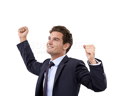 Buy stock photo Business man, winner and fist in studio for success, power or achievement in stock market celebration. Excited corporate person or trader with yes, thinking of winning and goals on a white background