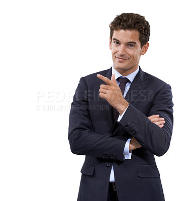 Buy stock photo Hand, choice and businessman pointing with mockup, space and white background in studio. Entrepreneur, portrait and gesture to show recommendation, option or information with advice for business