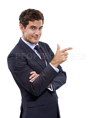 Buy stock photo Hand, choice and portrait of businessman pointing with mockup, space and white background in studio. Confident, entrepreneur and gesture to show recommendation option, information or finger gun sign