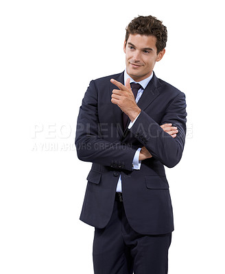 Buy stock photo Studio, confident and professional man point at business service, information or sales offer of corporate seller. Finger gun, direction or salesman gesture at discount opportunity on white background