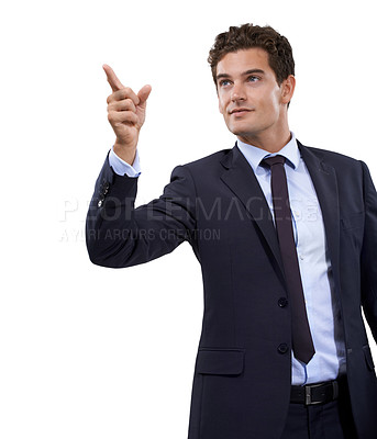 Buy stock photo Studio, direction and business man point at professional service, corporate information or realtor sales promo. Advertising, offer or real estate agent gesture at ads presentation on white background