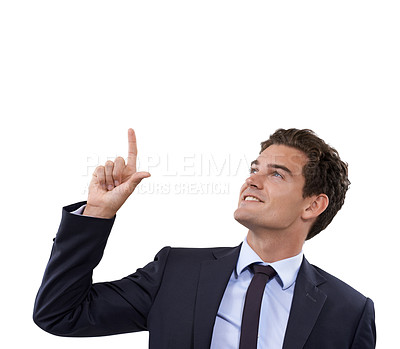Buy stock photo Studio, happiness and corporate man pointing up at professional service, promo or offer opportunity for discount. Direction, smile or happy agent gesture, presentation or show ads on white background