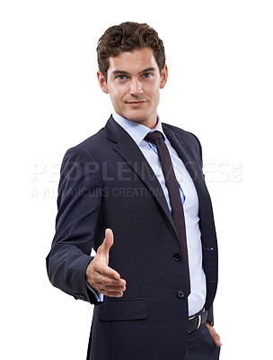 Buy stock photo Business man, handshake offer and agreement in studio for introduction, job interview or hiring. Happy corporate boss or employer shaking hands or welcome portrait in client POV on a white background