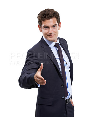 Buy stock photo Business man, handshake offer and portrait in studio for meeting introduction, job interview and hiring. Happy corporate boss or employer shaking hands and welcome in client POV on a white background