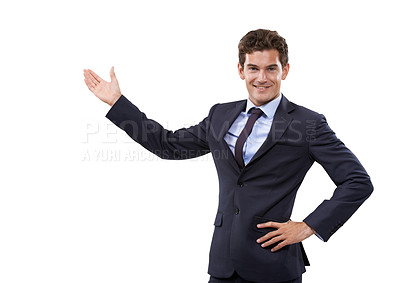 Buy stock photo Studio, portrait and corporate man gesture at business services, agency notification or commercial. Mockup space, discount deal and happy agent teaching, presentation or show ads on white background
