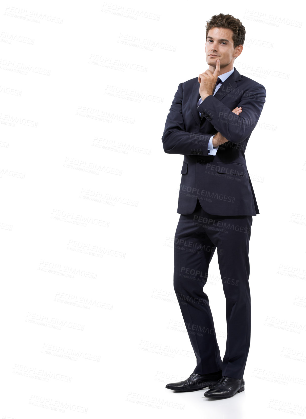 Buy stock photo Business man, thinking of ideas and mockup space for solution, questions or vision, sales goals and emoji portrait in studio. Corporate worker for investment decision and choice on a white background