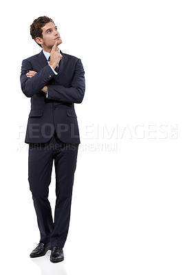 Buy stock photo Business man, thinking of ideas and space for solution, questions or job vision, sales goals and emoji in studio. Corporate employee with investment decision, choice and mockup on a white background