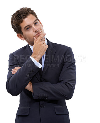 Buy stock photo Business man, thinking and portrait for solution, ideas and career confidence with emoji and face in studio. Corporate employee with vision, brainstorming and decision or choice on a white background