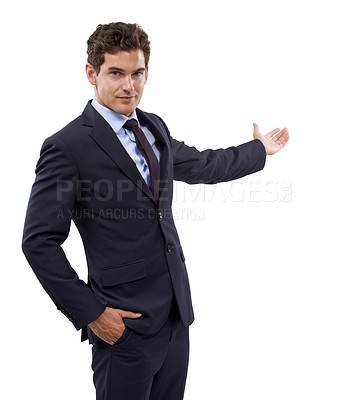 Buy stock photo Studio portrait, advertising and business man gesture at service news, notification space or agency opportunity. Company sales launch, announcement and person recommendation on white background