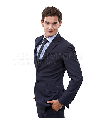 Buy stock photo Confident, businessman and portrait for career pride in studio mockup, start up and professional worker. Person, face or hands in pocket in corporate job, formal suit or attorney by white background
