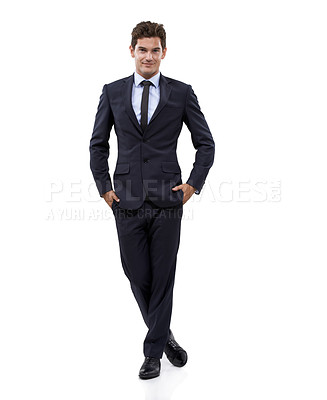 Buy stock photo Happy, businessman and portrait for pride in studio mockup, for start up and confident in professional job. Person, face and smile as entrepreneur in corporate career and attorney by white background