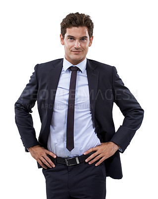 Buy stock photo Businessman, portrait and hands on hip for happy, studio mockup and positive for professional worker in pride. Person, smile face and confident as entrepreneur in corporate and by white background