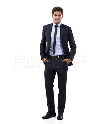 Buy stock photo Businessman, full length and professional portrait in studio or formal suit, corporate manager or confident boss with hands in pocket. Man, employee or entrepreneur on white background for mockup