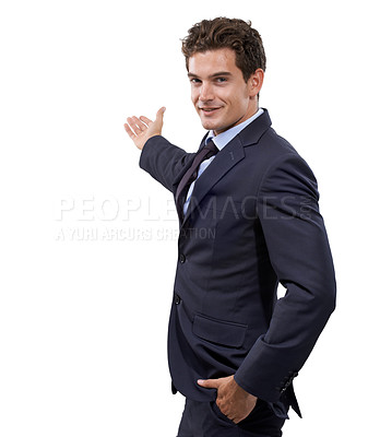 Buy stock photo Studio, portrait and happy business man with promotion news, advertising space or corporate information. Commercial presentation, announcement and professional sales consultant on white background