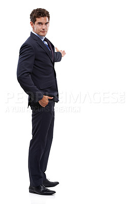 Buy stock photo Studio, portrait and business man gesture at promotion news, advertising space or company information. Commercial presentation, corporate announcement and person recommendation on white background