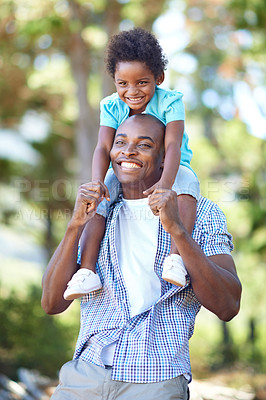 Buy stock photo Happy father, child and piggyback in forest for family bonding, adventure or outdoor holiday in nature. African dad carrying kid on shoulders with smile for walking, support or weekend in fresh air