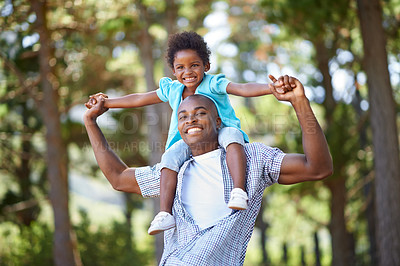 Buy stock photo Man, child and portrait on shoulders in forest for hiking nature path, weekend explore or vacation journey. Black person, daughter and hug embrace for holiday love together, woods travel or sunshine