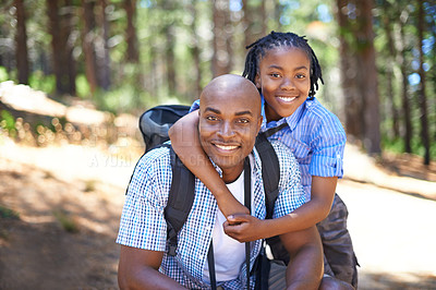 Buy stock photo Happy father, portrait and child hug in forest for family bonding, adventure or outdoor journey in nature. African dad and kid smile in embrace for fresh air, trip or holiday break outside in woods
