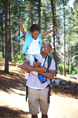Buy stock photo Father, child and forest nature for hiking park path on weekend for trees explore, journey or vacation. Black person, daughter and celebrate in summer for holiday together, woods travel or sunshine