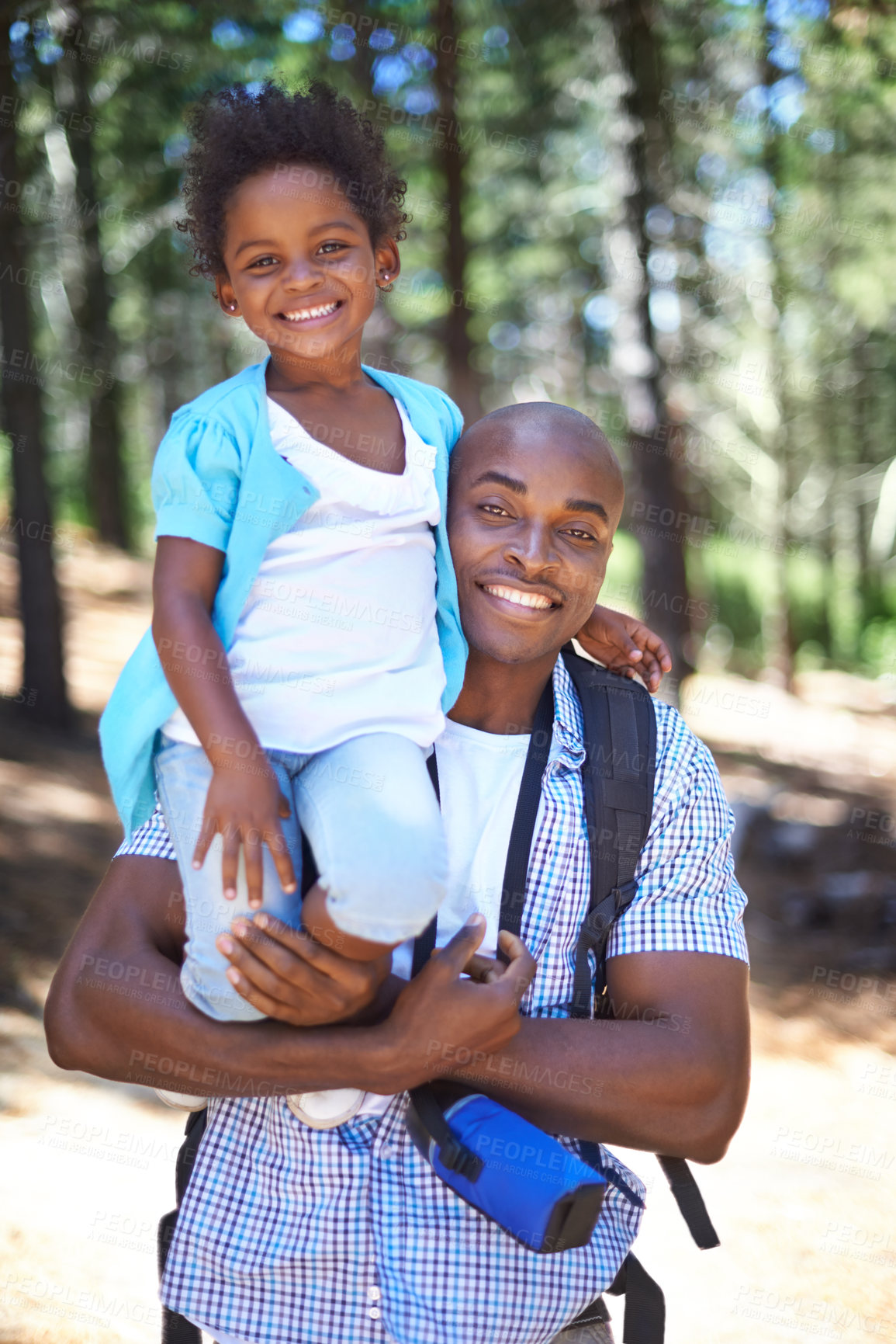 Buy stock photo Happy father, hiking and carrying kid in forest for family bonding, fresh air or exploring together in nature. Dad with child on shoulders smile in holiday adventure, weekend or outdoor trip in woods