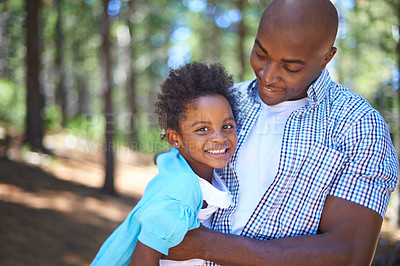Buy stock photo Father, portrait and child in forest adventure for hiking nature weekend for trees explore, journey or vacation. Black person, daughter and hug embrace for holiday together, woods travel or sunshine