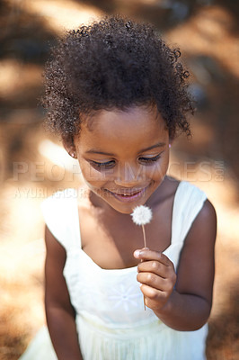 Buy stock photo Happiness, black child and nature with flower in summer, holiday and sunshine in open forest. Young, african girl and smile face for dandelion on vacation, spring and countryside in relax wellness