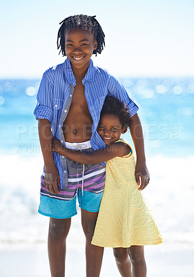Buy stock photo Children, siblings and portrait and beach for holiday vacation, outdoor relax or family bonding. Black people, girl and boy or face at ocean sand for happy kids adventure, summer fun or water explore