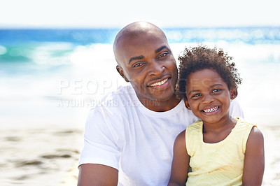 Buy stock photo Father, child and portrait at beach for holiday vacation, outdoor relax or family bonding. Black people, girl and face at ocean sand for happy kids adventure for summer fun, water explore or sun trip