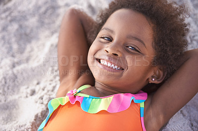 Buy stock photo Happy, child and portrait on beach sand for childhood and summer holiday with sunshine in nature. Black girl, young and smile face to relax on vacation, cape town and seaside for wellness in outdoor