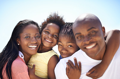 Buy stock photo Black family, parents and children or happy on beach for adventure, holiday or vacation portrait. African people, face and smile outdoor in nature for break, experience or bonding with relationship