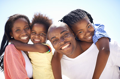 Buy stock photo Black family, parents and kids with portrait in nature for adventure, holiday or vacation in summer. African people, face and smile outdoor on beach for break, experience or bonding with parenting