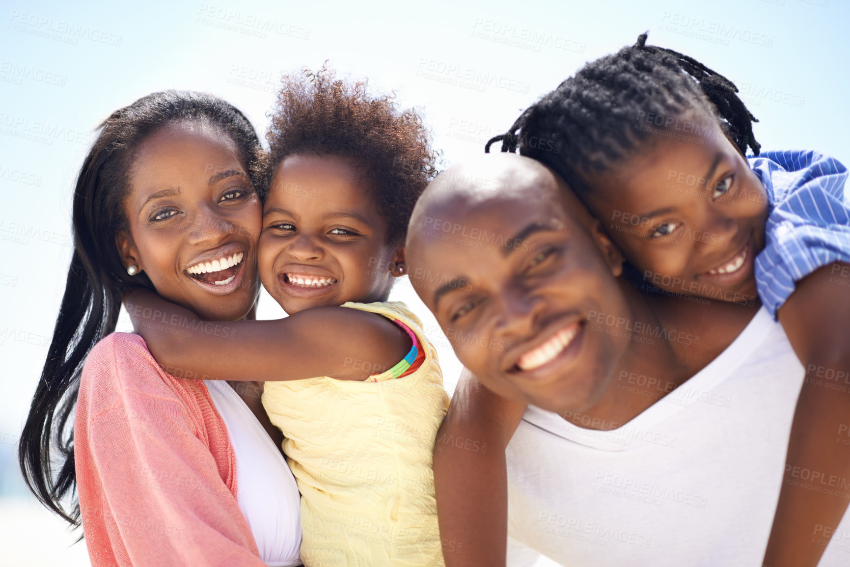 Buy stock photo Portrait, piggyback and a black family on the beach in summer together for travel, freedom or vacation. Love, smile or happy with a mother, father and children on the coast for holiday or getaway