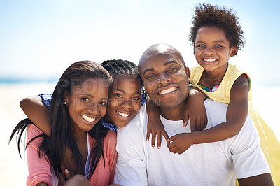 Buy stock photo Black family, parents and children with hug at beach for adventure, holiday or vacation in summer. African people, face and smile outdoor in nature for embrace, experience or bonding and relationship