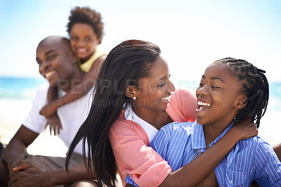 Buy stock photo Black family, parents or children and laughing at beach for adventure, holiday or vacation in summer. African people, face or smile outdoor in nature for break, experience or bonding and relationship